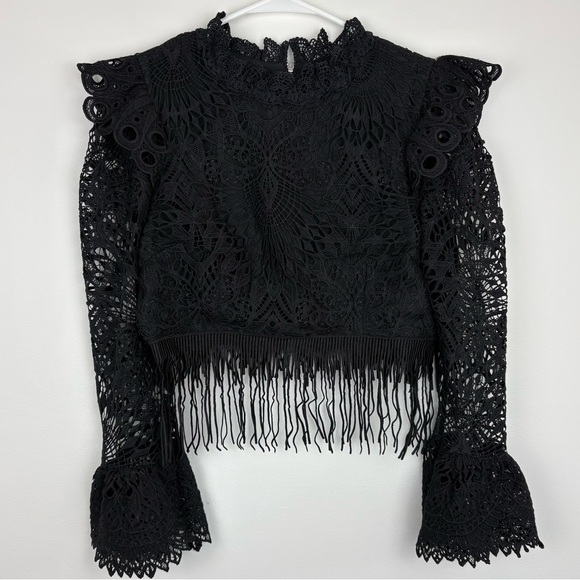 Beulah Tops - Beulah Black Crochet Fringe Long Sleeve Blouse size 6 zipper back boho festival